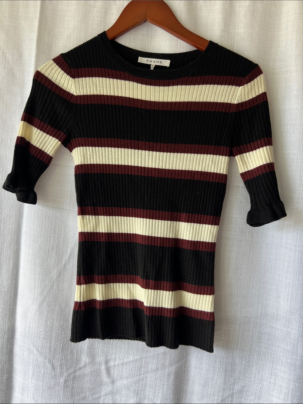 Frame Denim Black Cream & Burgundy Striped Ribbed Scoop Neck Sweater